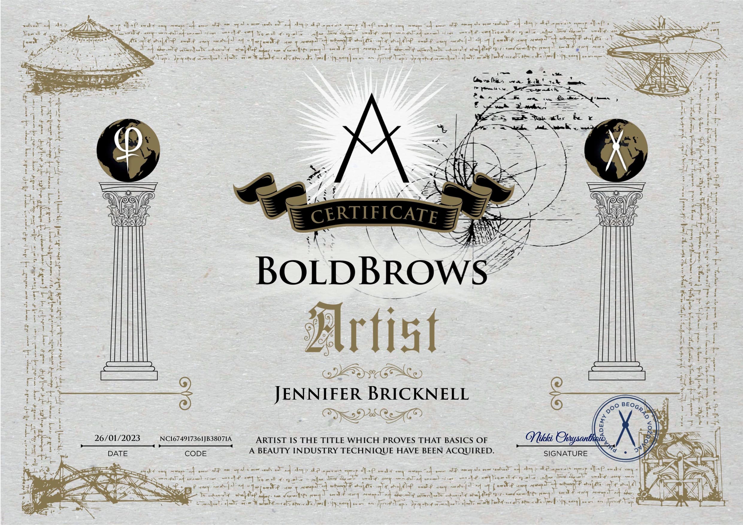 BoldBrows Artist certificate